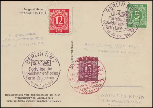 Journées du Parti de l'Union SPD et KPD 21.4.46 + Journée du parti du SDP 19.4. 46 AK Bebel
