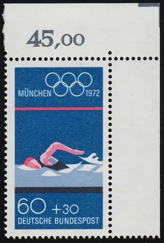 722 Olympische Sommerspiele 60+30 Pf Schwimmen ** Ecke o.r.