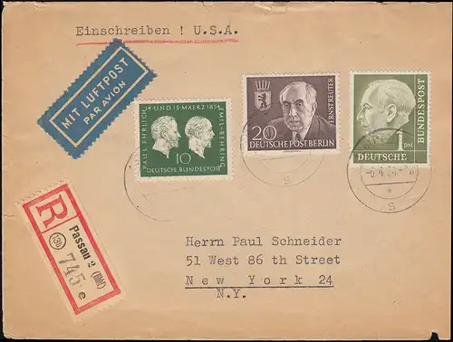 194 frühe Heuss 1 DM Frankatur R-Lp.-Brief USA mit ZF ab PASSAU 6.4.54