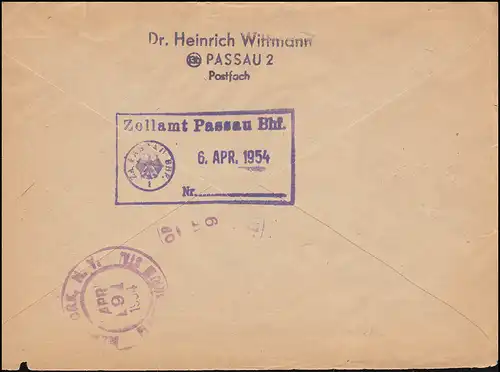 194 frühe Heuss 1 DM Frankatur R-Lp.-Brief USA mit ZF ab PASSAU 6.4.54 