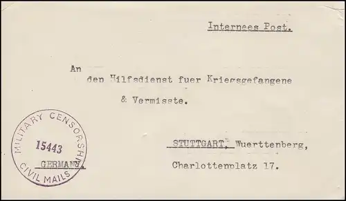 Zensur MILITARY CENSORSHIP CIVIL MAILS 15443 auf Kriegsgefangenenbrief 1945/46