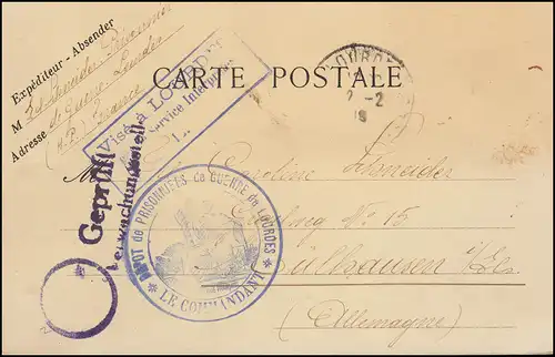 Kriegsgefangenenpost 1. Weltkrieg PK aus Lager Lourdes nach Mülhausen/Els. 1918