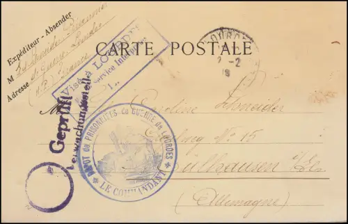 Kriegsgefangenenpost 1. Weltkrieg PK aus Lager Lourdes nach Mülhausen/Els. 1918