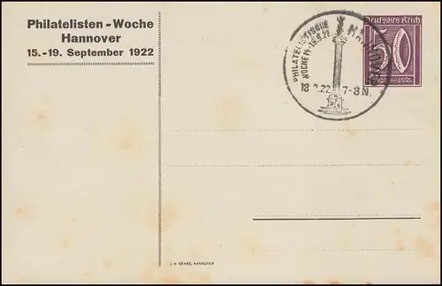 PP 61 zur Philatelisten-Woche Hannover 1922, passender SSt HANNOVER 18.9.22