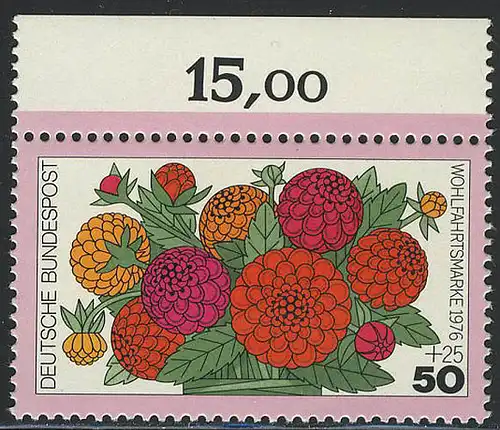 906 Blumen 50+25 Pf Zinnien ** Oberrand