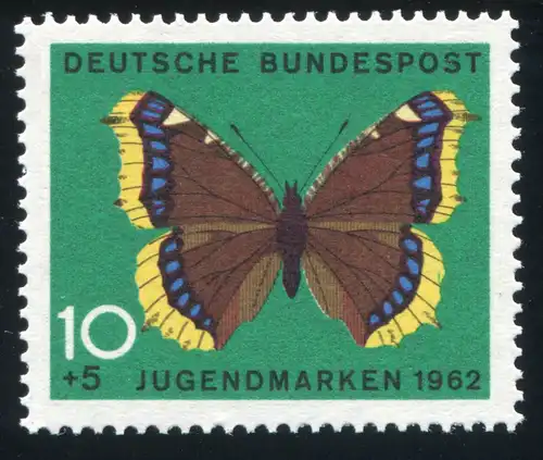 377 Jugend 10 Pf mit PLF grüner Strich im Gelb des Flügels, Feld 10, **