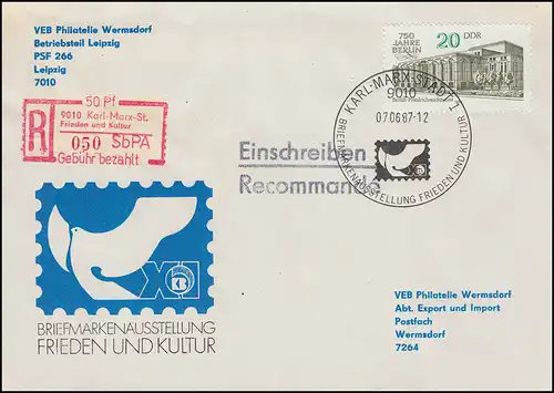 Einschreibemarke 9010: Frieden und Kultur R-Brief SSt KARL-MARX-STADT 7.6.1987