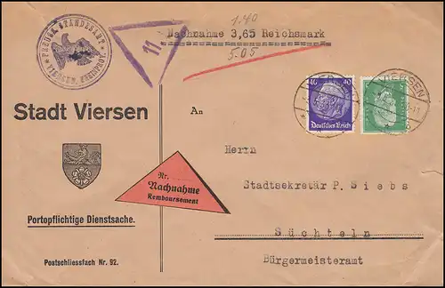 Portopflichtige Dienstsache Stadt Viersen Standesamt Nachnahme VIERSEN 3.5.1933