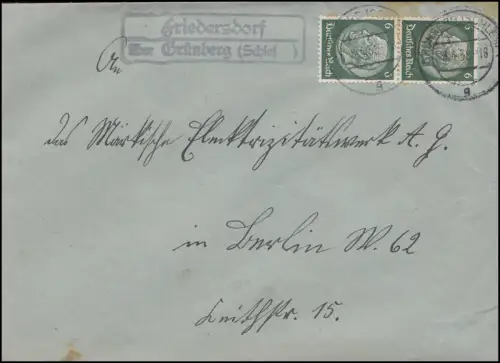 Landpost Friedersdorf über GRÜNBERG (SCHLES.) 8.4.1938 auf Brief nach Berlin