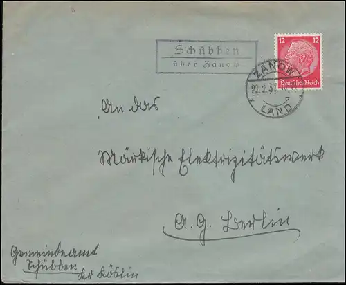 Landpost Schübben sur ZANOV LAND 22.2.37 sur lettre à Berlin