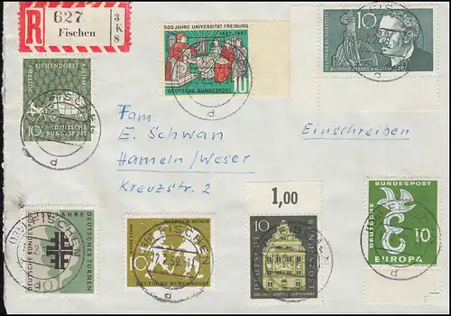 Sondermarken-Frankatur Vollstempel auf R-Brief FISCHEN 17.2.59