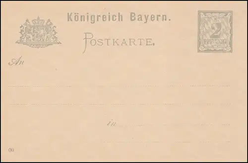 Bayern Postkarte P 49/01 Ziffer 2 Pf grau, Wz.5Z, DV 00, wie verausgabt **