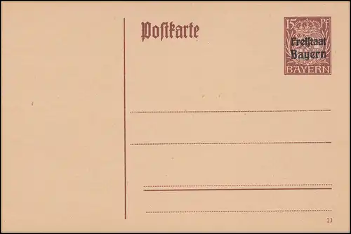 Bayern Postkarte P 114II/02 Freistaat 15 Pf lilabraun DV 20, wie verausgabt ** 
