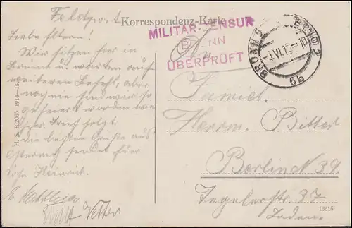 Zensur auf Feldpost-AK Militär-Zensur Brünn überprüft, BRÜNN 9.6.15 nach Berlin