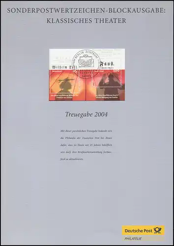 Treuegabe der Post A4 für 25 Jahre mit Block 65 Klassisches Theater ESSt 2004