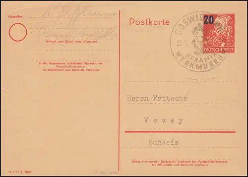 Postkarte P 42/02 Engels mit Aufdruck DV M 301 / Z 7085, SSt COSWIG 23.1.1953 