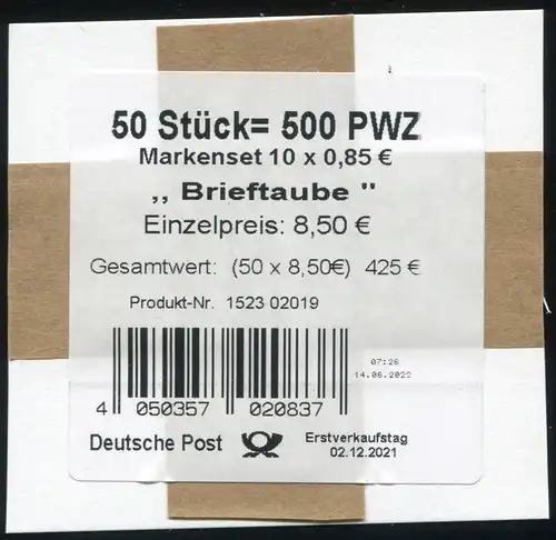 FB 114aII Brieftaube 85 Cent, Folienblatt-BANDEROLE 152302019 Druckerei GDL