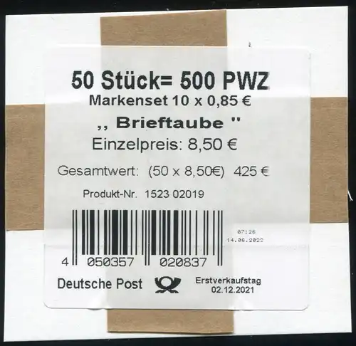 FB 114aII Brieftaube 85 Cent, Folienblatt-BANDEROLE  Druckerei GDL