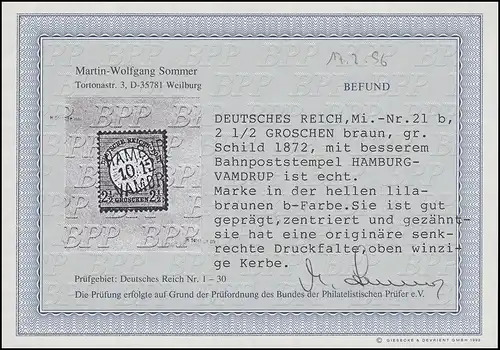 21b Brustschild mit Bahnpoststempel HAMBURG-VAMDRUP - Befund Sommer BPP