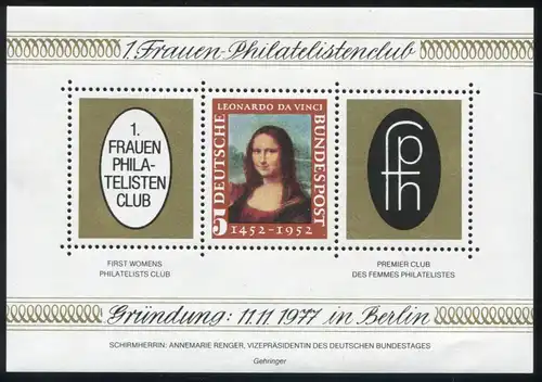 Printing Spécial 1. Club des femmes philatélistes Berlin FAKSIMILE Bund 148 Mona Lisa 1977