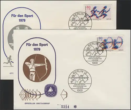 Sporthilfe Berlin 596-597 zwei offizielle FDCs Laufen ESSt Bogenschießen 1979