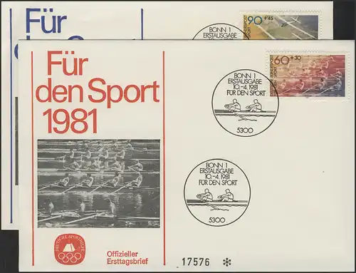 Aide sportive Bund 1094-1095 deux FDC officiel Bonn 1981 - Vol à voile et à rames