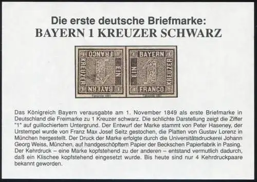 Sonderdruck Bayern 1 Kreuzer schwarz Kehrdruck-Paar, FAKSIMILE von 1991