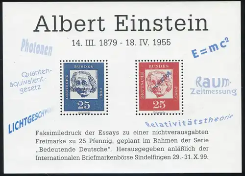 Foire Sindelfingen Albert Einstein Marques libres FAKSIMILE des Essays 1999