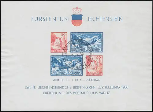 Liechtenstein Block 2 Vaduz Postmuseum / Ausstellung - Sonderstempel 26.10.1936