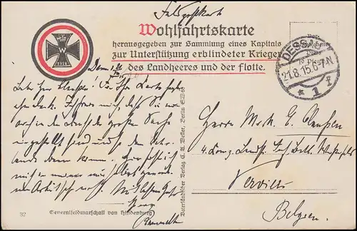 Feldpost Wohlfahrts-AK Hindenburg, DESSAU 21.8.1915 nach Belgien