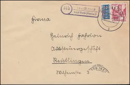 Landpost Tumlingen au sujet de HORB (NECKAR) 21.7.1949 sur lettre avec le timbre de secours 2