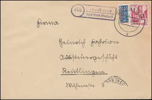 Landpost Tumlingen über HORB (NECKAR) 21.7.1949 auf Brief mit Notopfermarke 2
