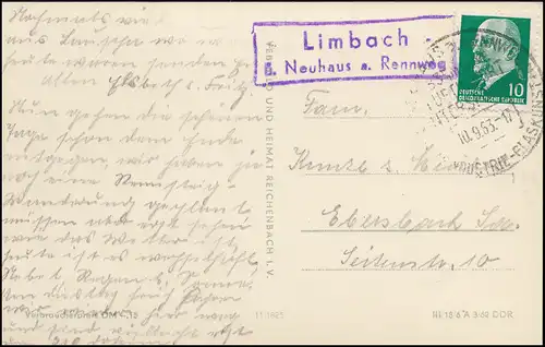 Landpost Limbach über NEUHAUS AM RENNWEG SSt 10.9.1963 auf AK Lauscha