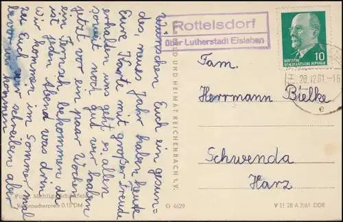 Landpost Rottelsdorf über LUTHERSTADT EISLEBEN 20.12.1961 auf AK Weihnachten
