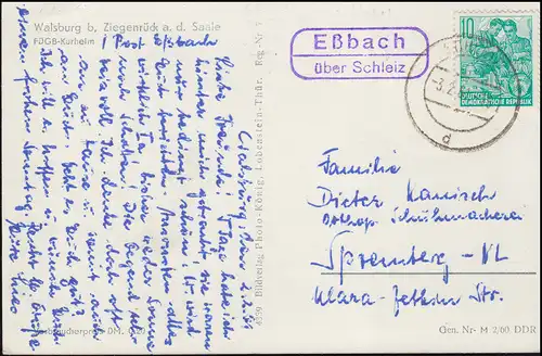 Landpost Eßbach sur SCHLEIZ 3.2.61, AK Walsburg bei Ziegerück FDGB-Kurheim