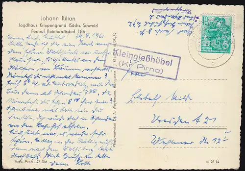Landpost Kleindelfesschübel (Kreis Pirna), BAD SCHANDAU 27.8.1960, AK Johann Kilian