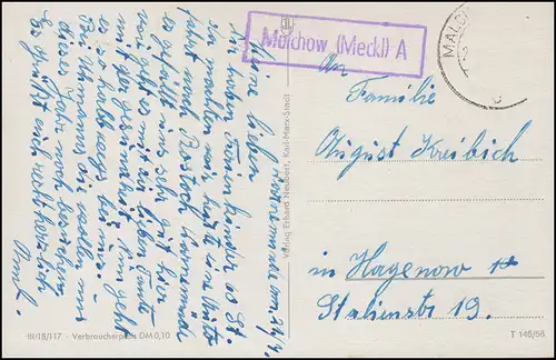 Landpost Malchow (Mecklembourg) A, cachet MALCHOW vers 1960, sur AK Warnemünde
