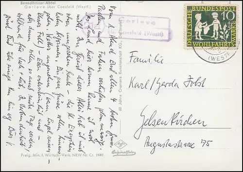 Le courrier de campagne 21a Gerleve sur COESFELD (WESTFALEN) 1959 sur AK Abbaye bénédictine
