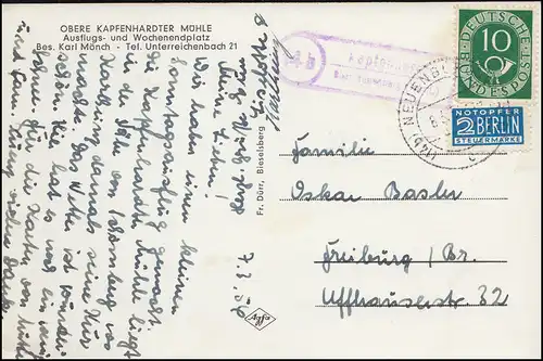 Landpost 14b Kapfenhardt über NEUENBÜRG (WÜRTT.) 8.3.1954 auf passender AK