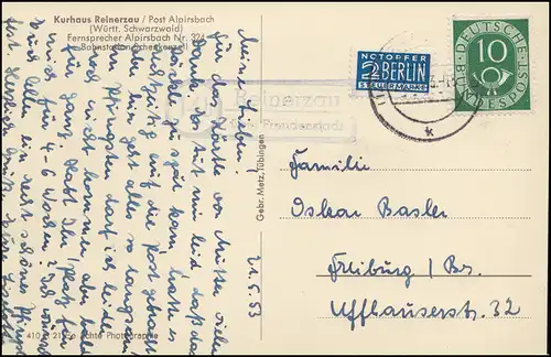 Landpost Reinerzau über FREUDENSTADT 22.5.1953 auf passender AK Kurhaus 