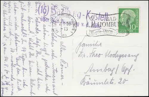 Landpost 16 Saalburg-Kastell über BAD HOMBURG v.d. Höhe 2.8.56 auf passender AK