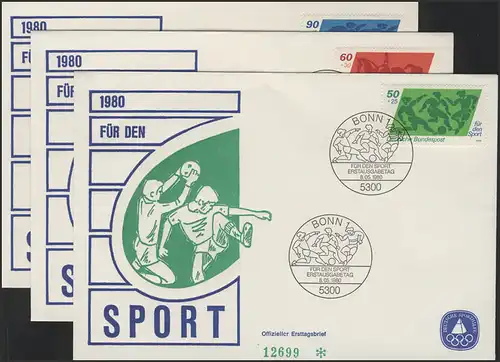 Aide sportive Bund 1046-1048 trois FDC officiel Bonn 1980