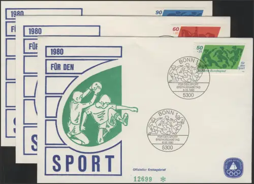 Sporthilfe Bund drei offiz. FDCs Fußball Dressurreiten Skilanglauf, Bonn 1980