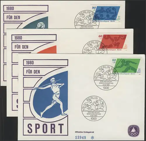 Aide sportive Berlin 621-623 trois FDC officiel Berlin 1980