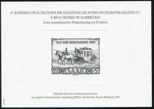 Sonderdruck Saarland 291 Tag der Briefmarke 1950 - FAKSIMILE 1991 148x105 mm