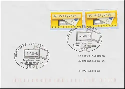 5.1 Briefkasten: FDC mit zwei Restwerten zu je 28 Cent, passender ESSt 4.4.2002