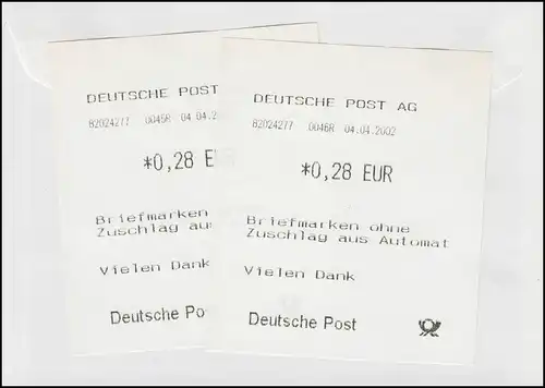 5.1 Briefkasten: FDC mit zwei Restwerten zu je 28 Cent, passender ESSt 4.4.2002