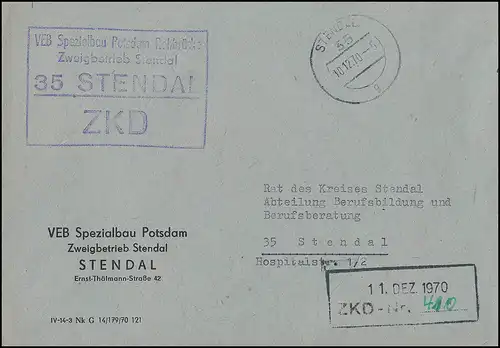ZKD-Ortsbrief VEB Spezialbau Potsdam Rehbrücke Zweigbetrieb STENDAL 10.12.70