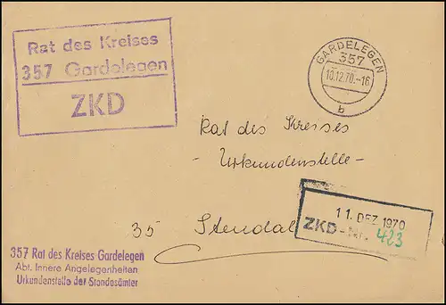 Lettre du ZKD Conseil du district de GARDELEGEN 10.12.70 selon STENDAL 11.12.1970