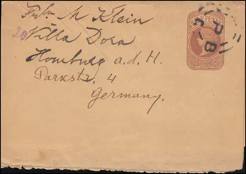 Großbritannien Streifband S 7 Viktoria Mühlrad-O London NPB um 1890 nach Hamburg